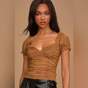 Lulus Upper Echelon Brown Ruched Short Sleeve Top, Size Medium